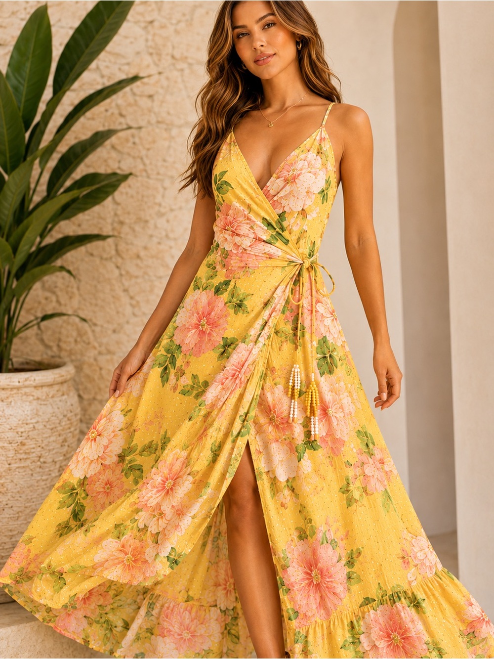 Farm Rio Yellow Tropical Floral Wrap Maxi Dress Swiss Dot Tassel Tie S